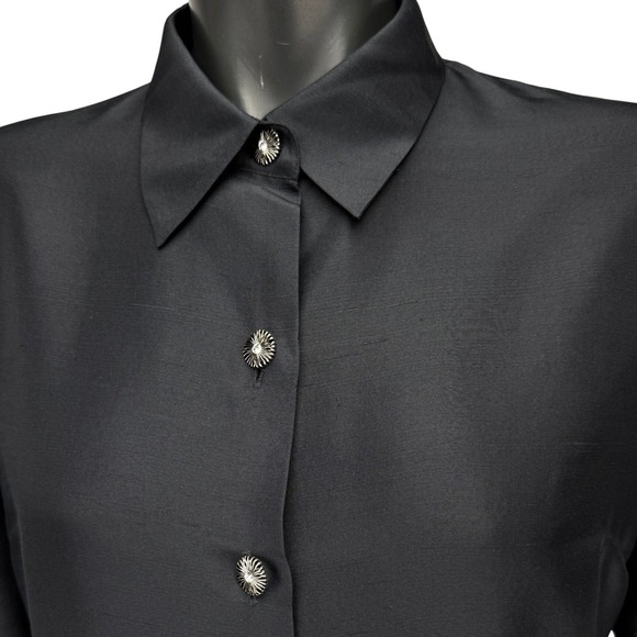 SILKLAND 100% Raw Silk Button Down Sunburst Buttons Womens Black Shirt Dress M - Picture 4 of 9